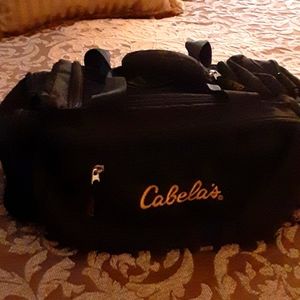 Cabela's black duffel bag gold embroidered logo 12"x8" 5 pockets 2 handle EUC…